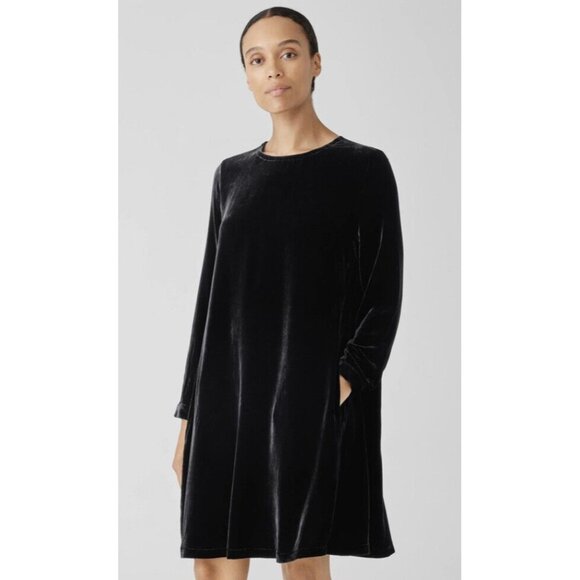New Eileen Fisher Velvet Crew Neck Knee Length Holiday Dress Black Sz XS - Picture 6 of 10